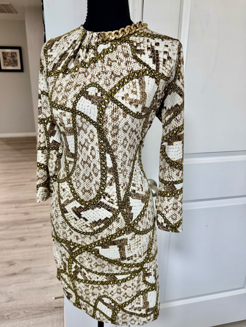 Michael Kors Chain-Print Long Sleeve Sheath Dress in White and Olive